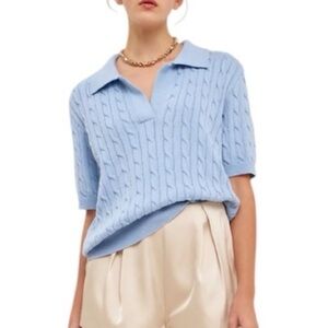 GREY LAB Preppy Cable Knit Polo Sweater Top in Blue Size M